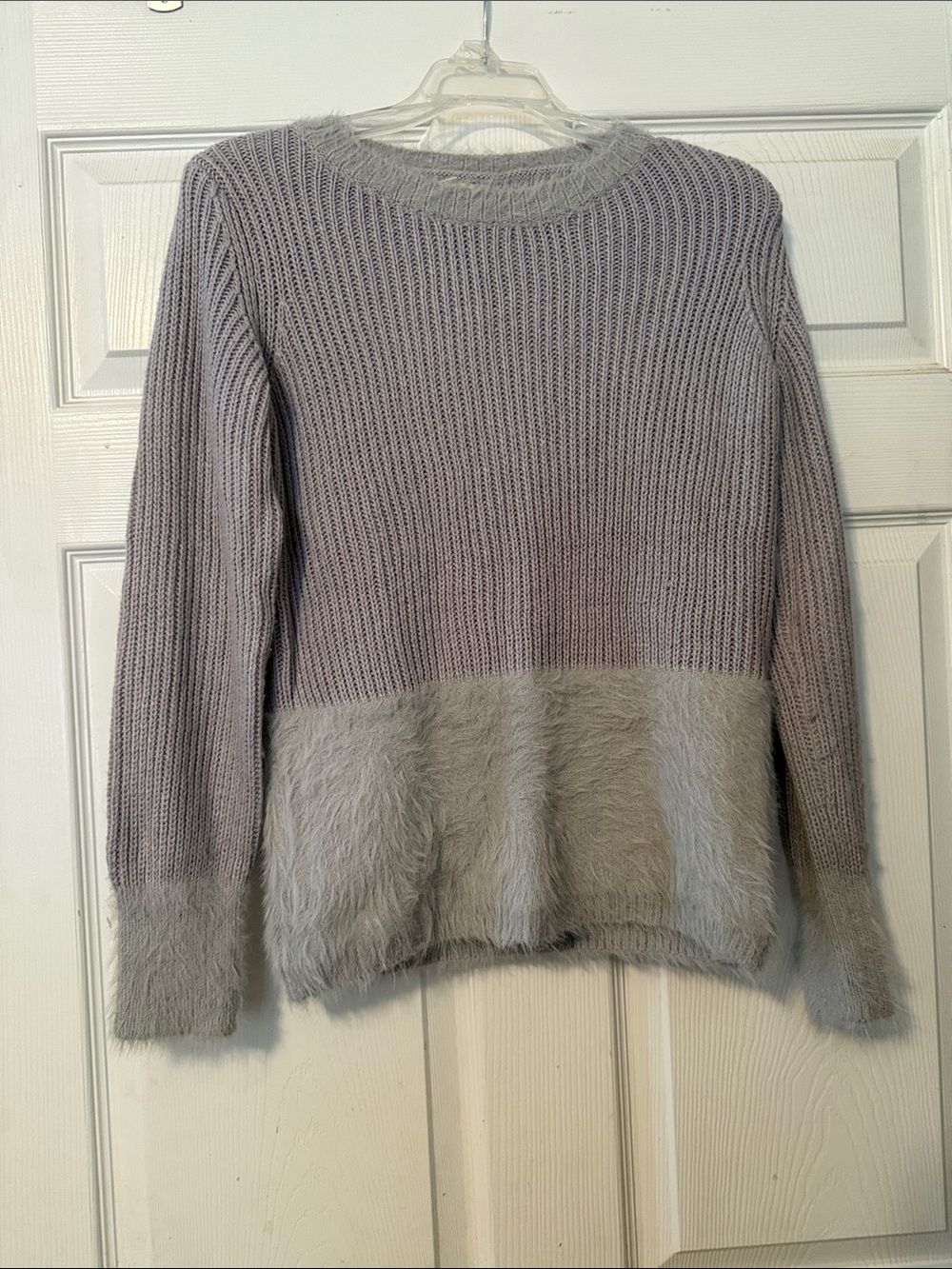 Hem & Thread Light Gray Mixed-Knit Crew Sweater with Fuzzy Hem